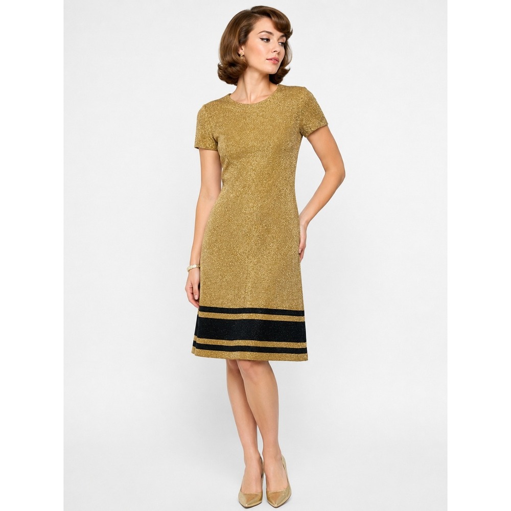 Vintage Kimberly Gold Metallic Knit Dress Mod Striped Hem ILGWU Union Made S/M